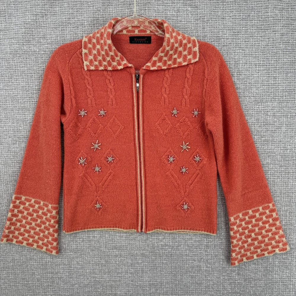 Kusam Sweater Womens Small Orange Zip Front Collared Embroidered Cardigan Knit‎